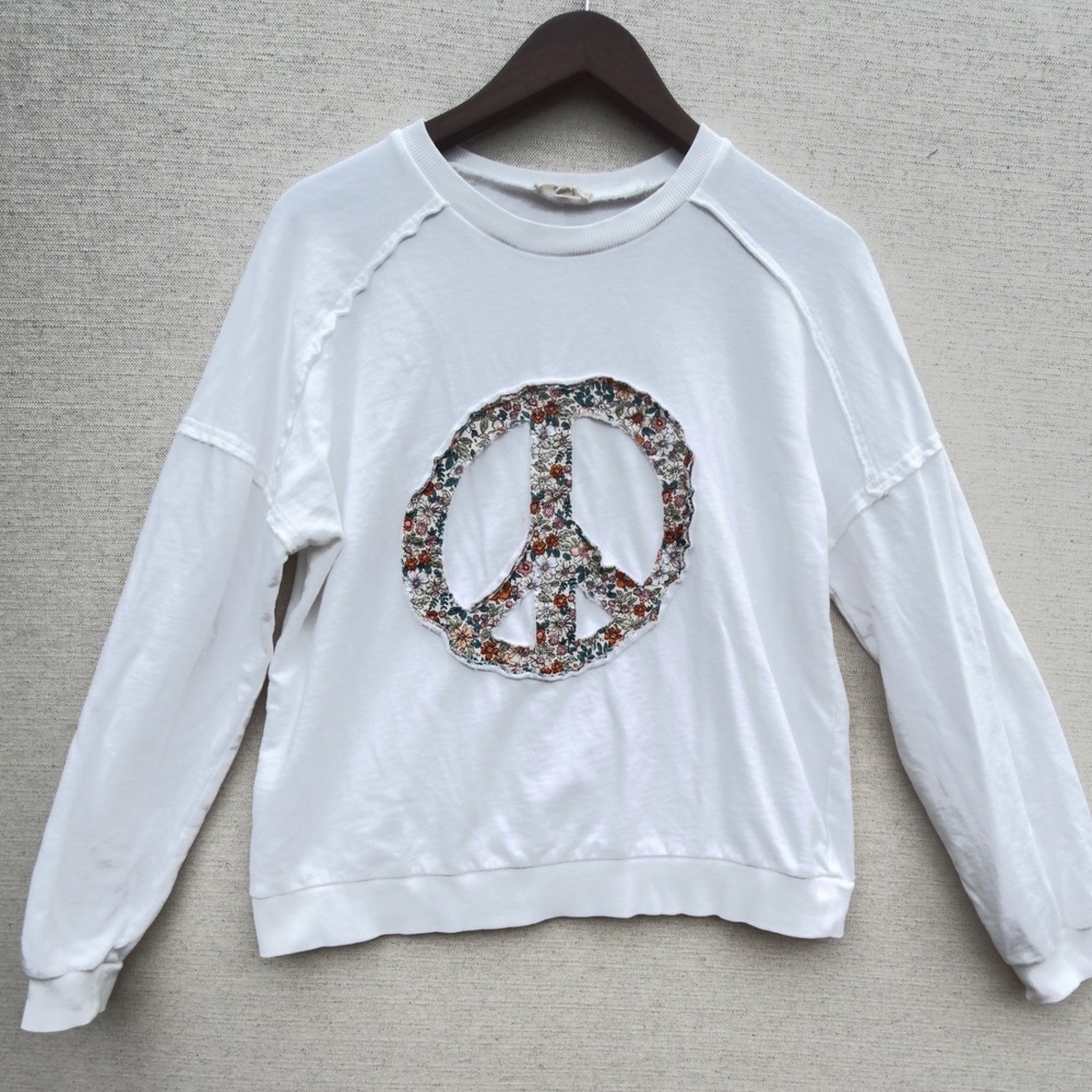 Easel Los Angeles White Floral Peace Sign Sweatshirt Boho, Woman's Small